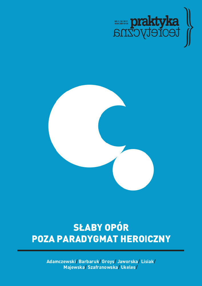 Okładka czasopisma Praktyka Teoretyczna, tom 32, nr 2, rok 2019, tytuł SŁABY OPÓR. POZA PARADYGMAT HEROICZNY