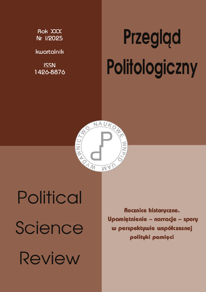 Okładka czasopisma Przegląd Politologiczny, nr I, rok 2025, tytuł Rocznice historyczne. Upamiętnienie - narracje - spory w perspektywie współczesnej polityki pamięci