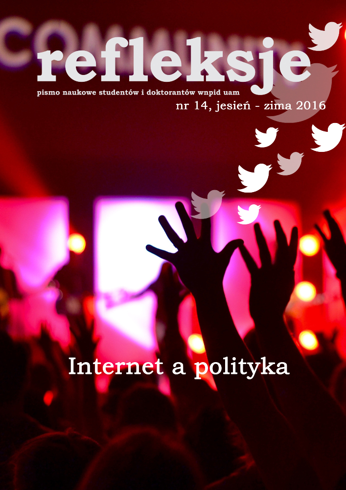 Okładka czasopisma Refleksje. Pismo naukowe studentów i doktorantów WNPiD UAM, nr 14, rok 2016, tytuł Internet a polityka