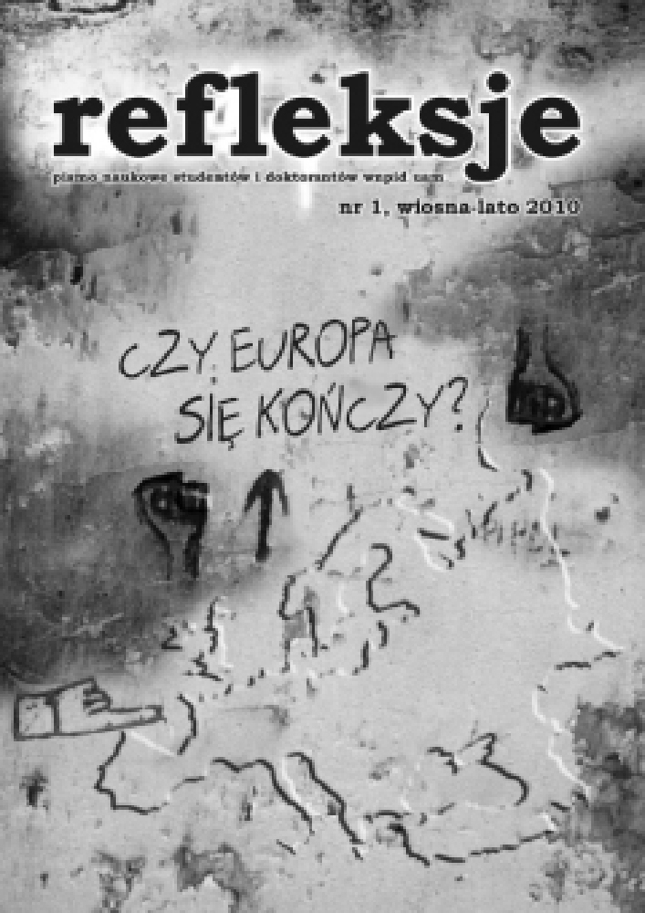 Okładka czasopisma Refleksje. Pismo naukowe studentów i doktorantów WNPiD UAM, nr 1, rok 2010, tytuł (wiosna-lato): Czy Europa się kończy?