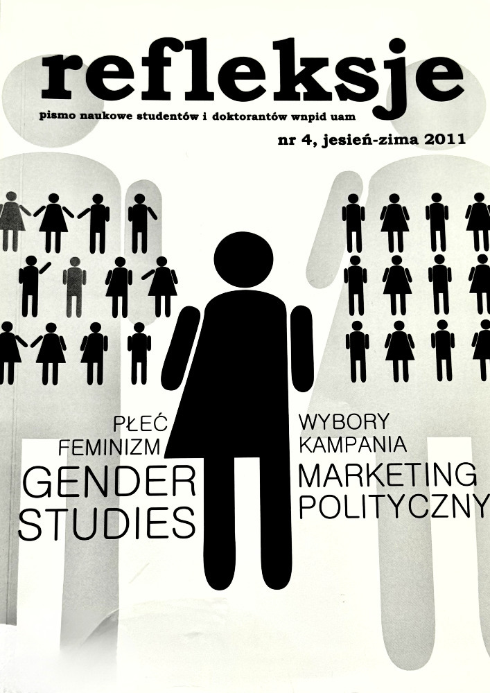 Okładka czasopisma Refleksje. Pismo naukowe studentów i doktorantów WNPiD UAM, nr 4, rok 2011, tytuł Refleksje (jesień - zima): Płeć – feminizm – gender studies; Wybory – kampania – marketing polityczny