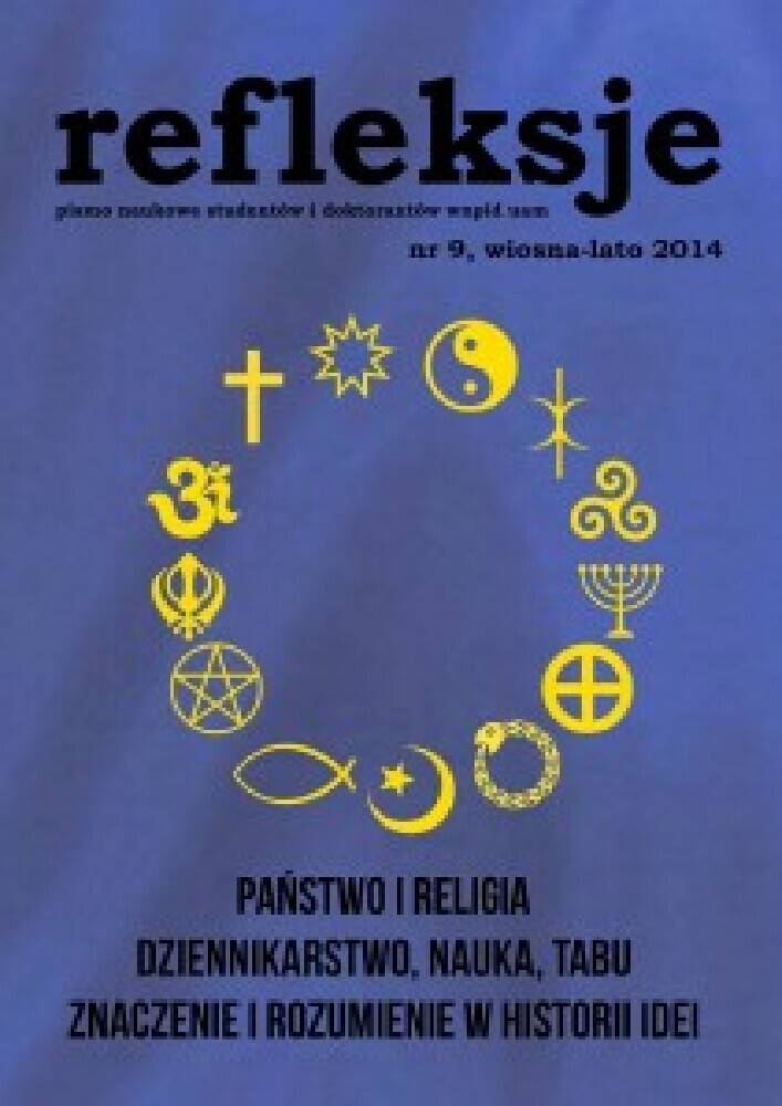 Okładka czasopisma Refleksje. Pismo naukowe studentów i doktorantów WNPiD UAM, nr 9, rok 2014, tytuł Refleksje: Państwo i religia; Dziennikarstwo, nauka, tabu; Znaczenie i rozumienie w historii idei