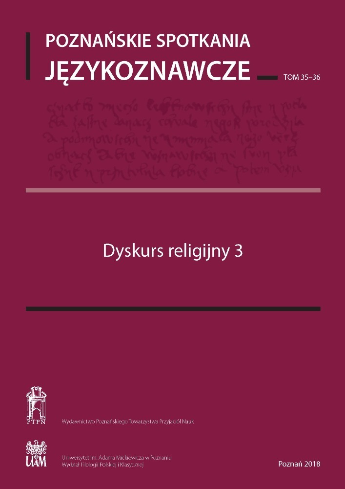 Okładka czasopisma Poznańskie Spotkania Językoznawcze, nr 35-36, rok 2018, tytuł Dyskurs religijny 3