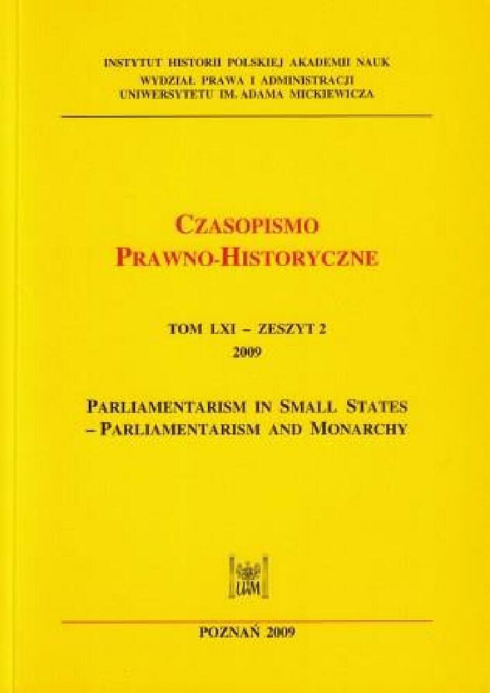 Okładka czasopisma Czasopismo Prawno-Historyczne, tom 61, nr 2, rok 2009, tytuł Parliamentarism in Small States – Parliamentarism and Monarchy