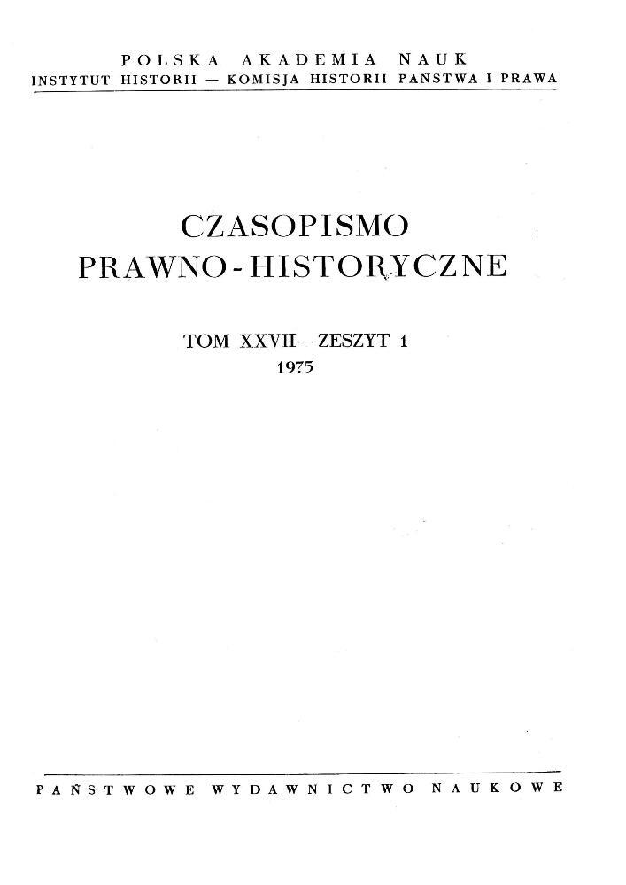 Okładka czasopisma Czasopismo Prawno-Historyczne, tom 27, nr 1, rok 1975