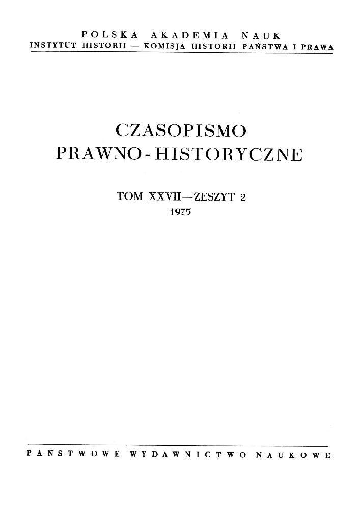 Okładka czasopisma Czasopismo Prawno-Historyczne, tom 27, nr 2, rok 1975