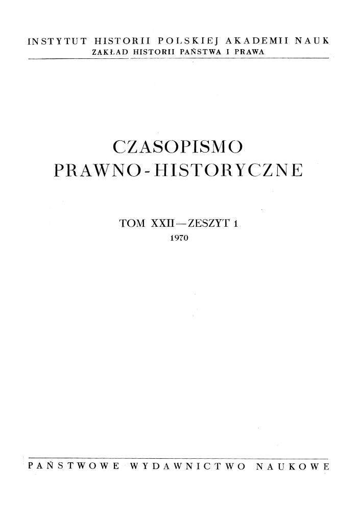 Okładka czasopisma Czasopismo Prawno-Historyczne, tom 22, nr 1, rok 1970
