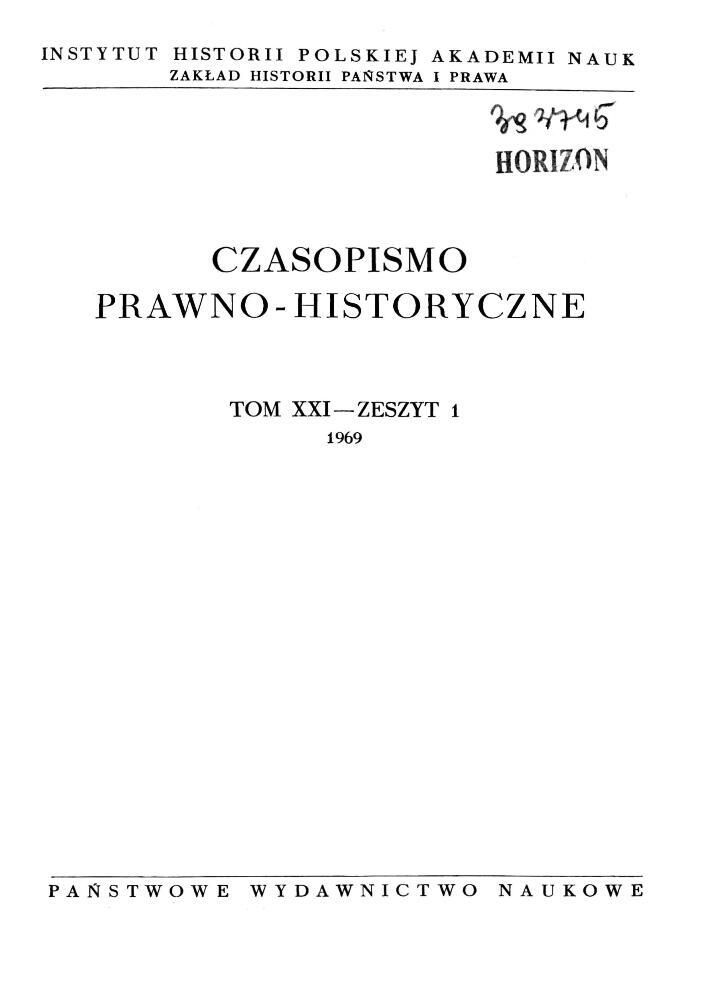 Okładka czasopisma Czasopismo Prawno-Historyczne, tom 21, nr 1, rok 1969