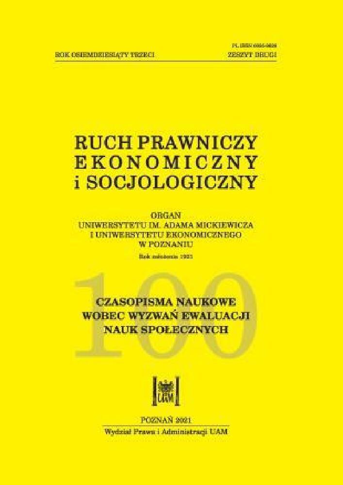 Okładka czasopisma Ruch Prawniczy, Ekonomiczny i Socjologiczny, tom 83, nr 2, rok 2021, tytuł Czasopisma naukowe wobec wyzwań ewaluacji nauk społecznych