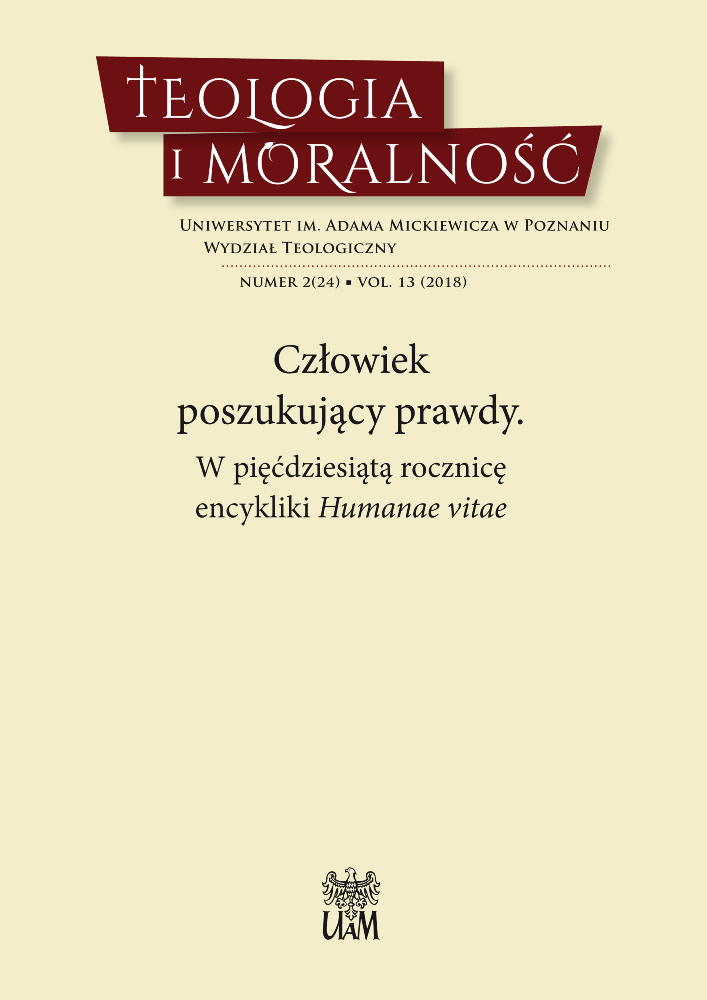 Okładka czasopisma Teologia i Moralność, tom 13, nr 2(24), rok 2018, tytuł Człowiek poszukujący prawdy. W pięćdziesiątą rocznicę encykliki Humanae vitae