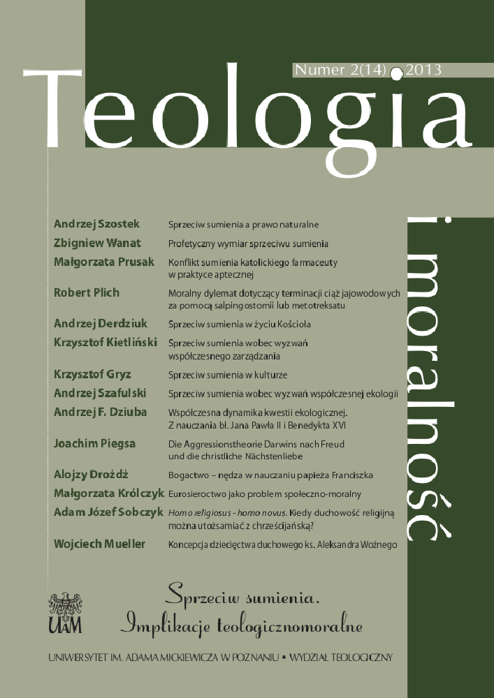 Okładka czasopisma Teologia i Moralność, tom 8, nr 2(14), rok 2013, tytuł Sprzeciw sumienia. Implikacje teologicznomoralne