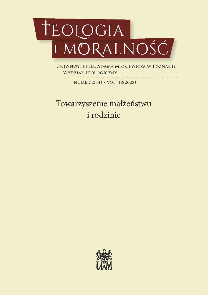 Okładka czasopisma Teologia i Moralność, tom 18, nr 2(34), rok 2023, tytuł Towarzyszenie małżeństwu i rodzinie