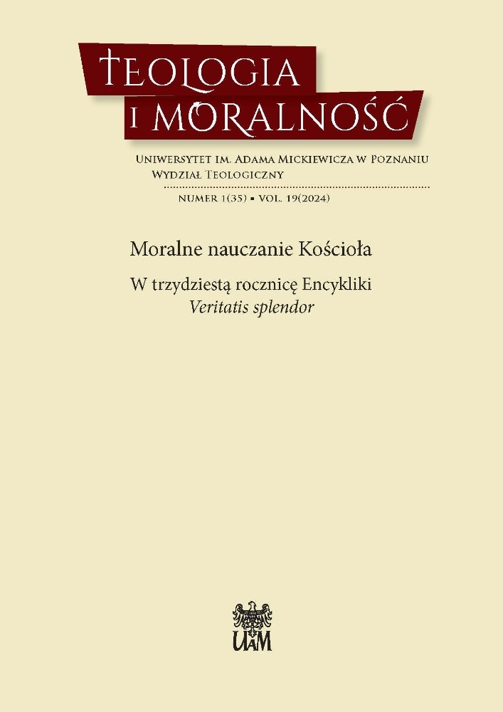 Okładka czasopisma Teologia i Moralność, tom 19, nr 1(35), rok 2024, tytuł Moralne nauczanie Kościoła. W trzydziestą rocznicę Encykliki Veritatis splendor