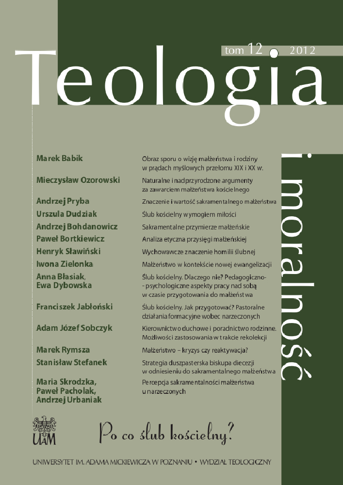Okładka czasopisma Teologia i Moralność, tom 7, nr 2(12), rok 2012, tytuł Po co ślub kościelny?