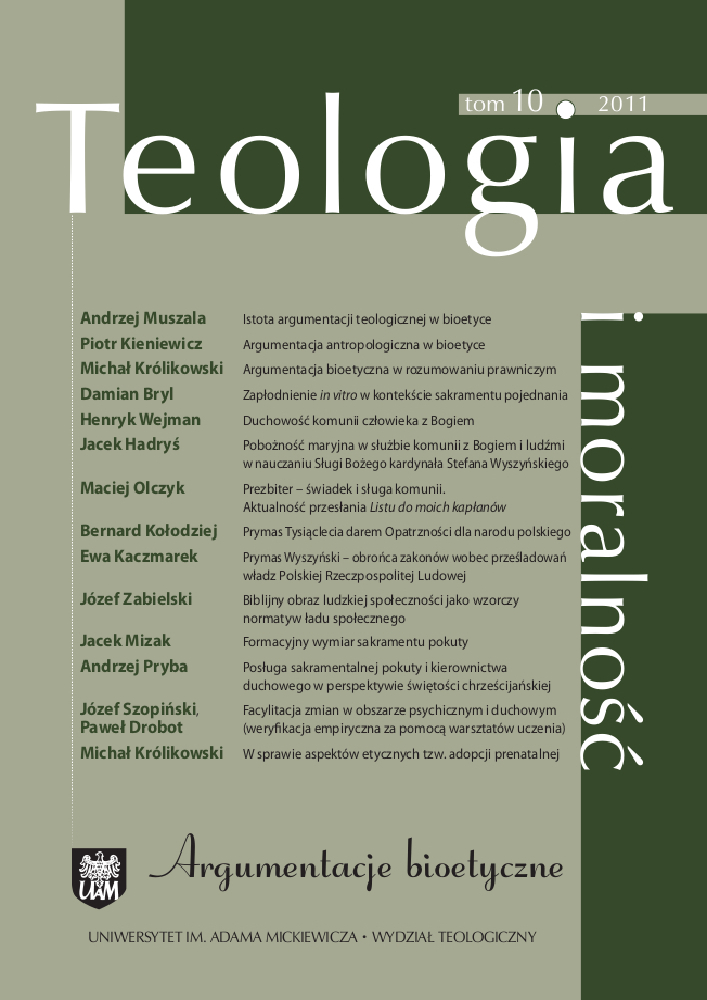 Okładka czasopisma Teologia i Moralność, tom 6, nr 2(10), rok 2011, tytuł Argumentacje bioetyczne