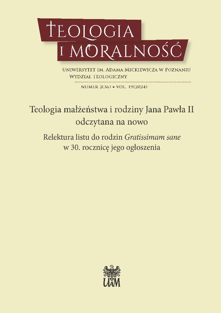 Okładka czasopisma Teologia i Moralność, tom 19, nr 2(36), rok 2024, tytuł Teologia małżeństwa i rodziny Jana Pawła II odczytana na nowo. Relektura Listu do rodzin 'Gratissimam sane' w 30. rocznicę jego ogłoszenia