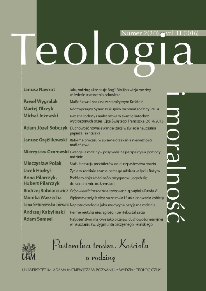 Okładka czasopisma Teologia i Moralność, tom 11, nr 2(20), rok 2016, tytuł Pastoralna troska Kościoła o rodzinę