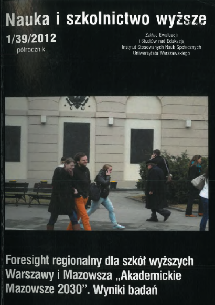 Okładka czasopisma Nauka i Szkolnictwo Wyższe, nr 1(39), rok 2012, tytuł Foresight regionalny dla szkół wyższych Warszawy i Mazowsza „Akademickie Mazowsze 2030”. Wyniki badań