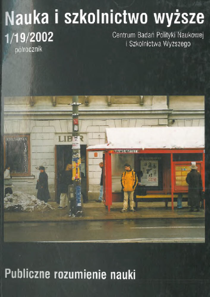 Okładka czasopisma Nauka i Szkolnictwo Wyższe, nr 1(19), rok 2002, tytuł Publiczne rozumienie nauki