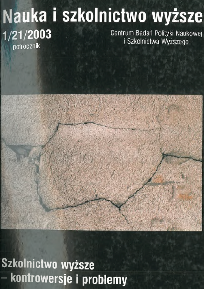 Okładka czasopisma Nauka i Szkolnictwo Wyższe, nr 1(21), rok 2003, tytuł Szkolnictwo wyższe - kontrowersje i problemy