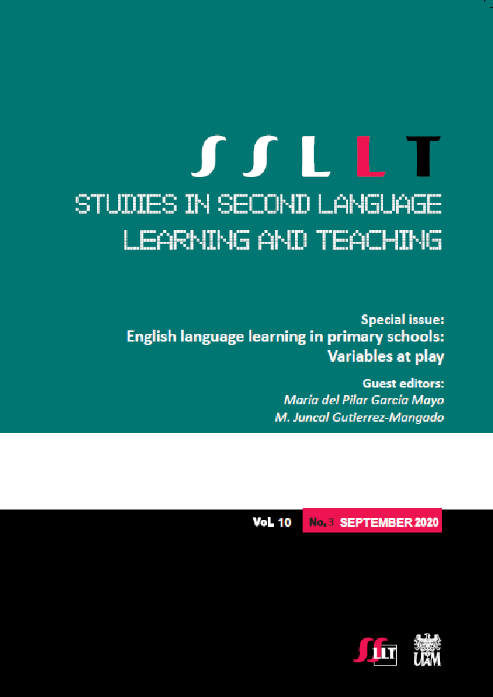 Journal cover Studies in Second Language Learning and Teaching, volume 10, no. 3, year 2020, title Special issue: English language learning in primary schools: Variables at play