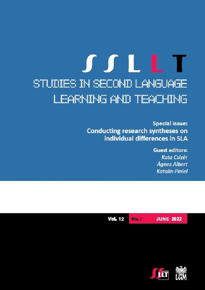 Journal cover Studies in Second Language Learning and Teaching, volume 12, no. 2, year 2022, title Special issue: Conducting research syntheses on individual differences in SLA