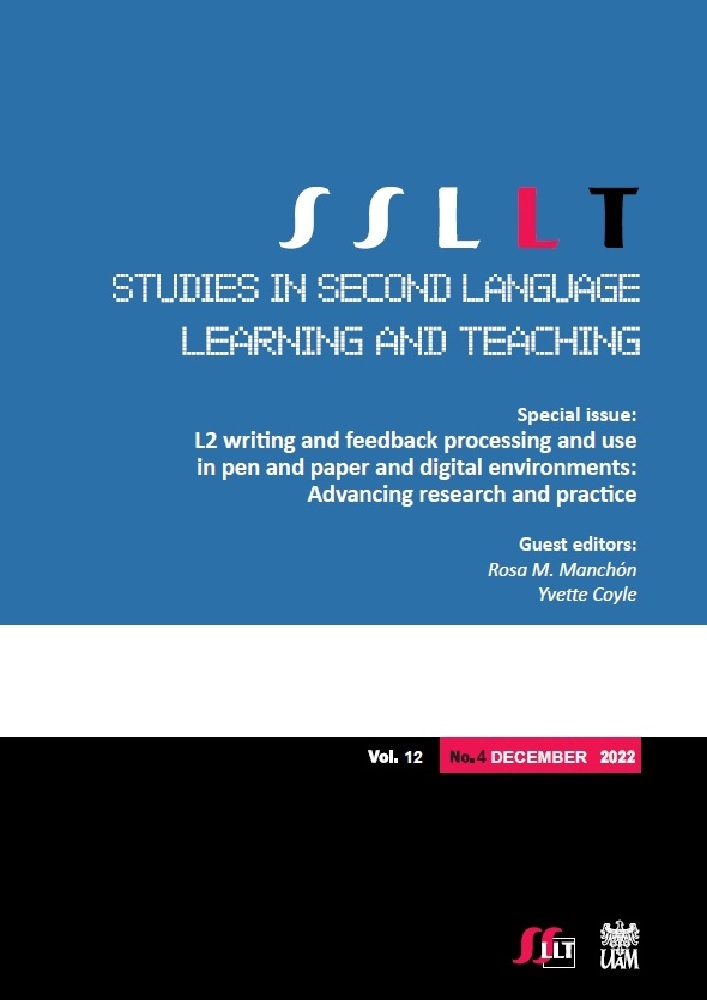 Journal cover Studies in Second Language Learning and Teaching, volume 12, no. 4, year 2022, title Special issue: L2 writing and feedback processing and use in pen and paper and digital environments: Advancing research and practice