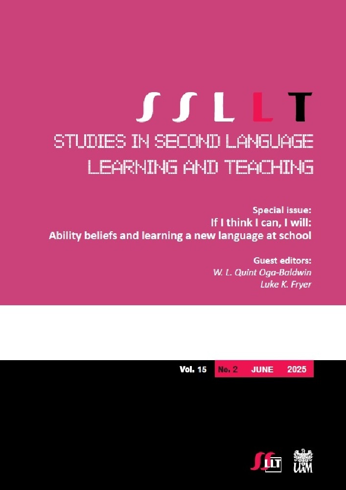 Journal cover Studies in Second Language Learning and Teaching, volume 15, no. 2, year 2025, title Special issue: If I think I can, I will:  Ability beliefs and learning  a new language at school