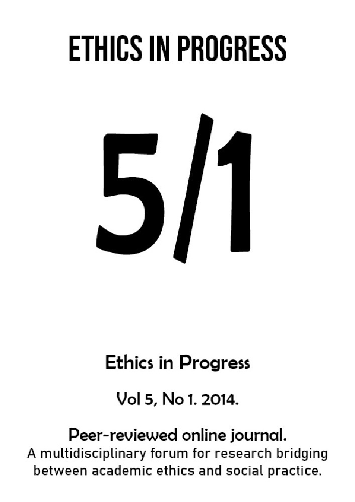 Journal cover ETHICS IN PROGRESS, volume 5, no. 1, year 2014, title Environment, ethics, and sustainability: Crossroads of our future