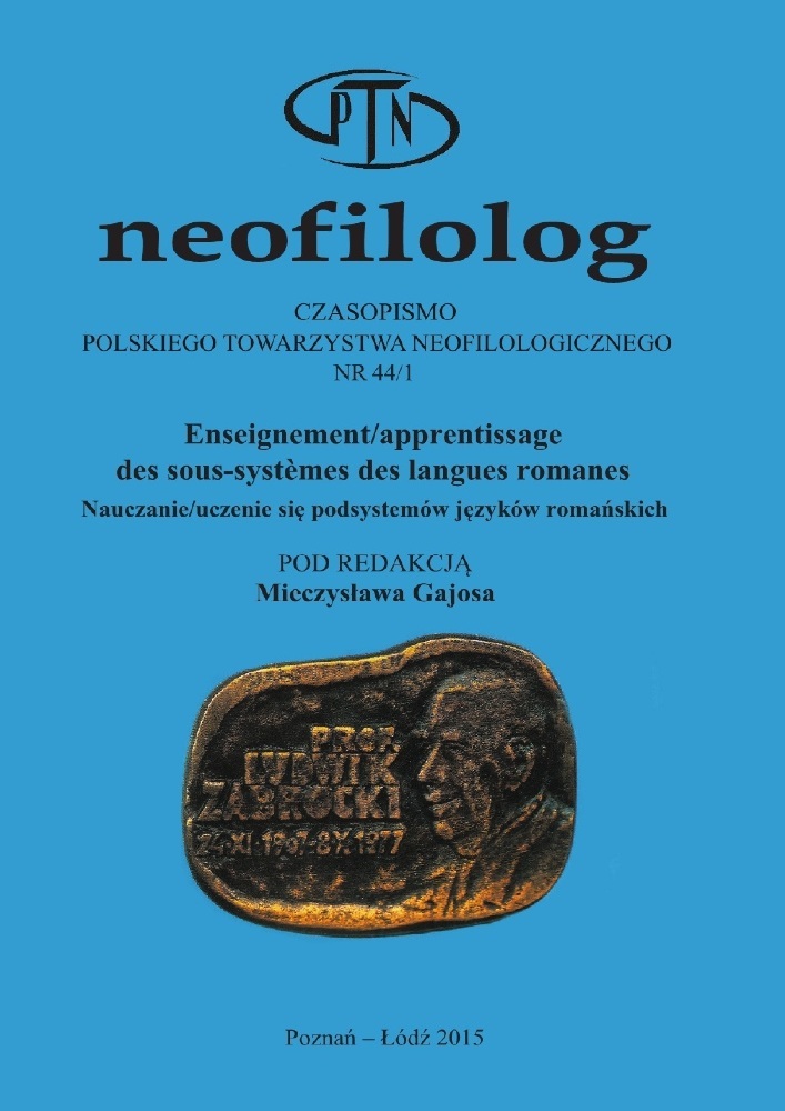 Okładka czasopisma Neofilolog, nr 44/1, rok 2015, tytuł Enseignement/apprentissage des sous-systèmes des langues romanes