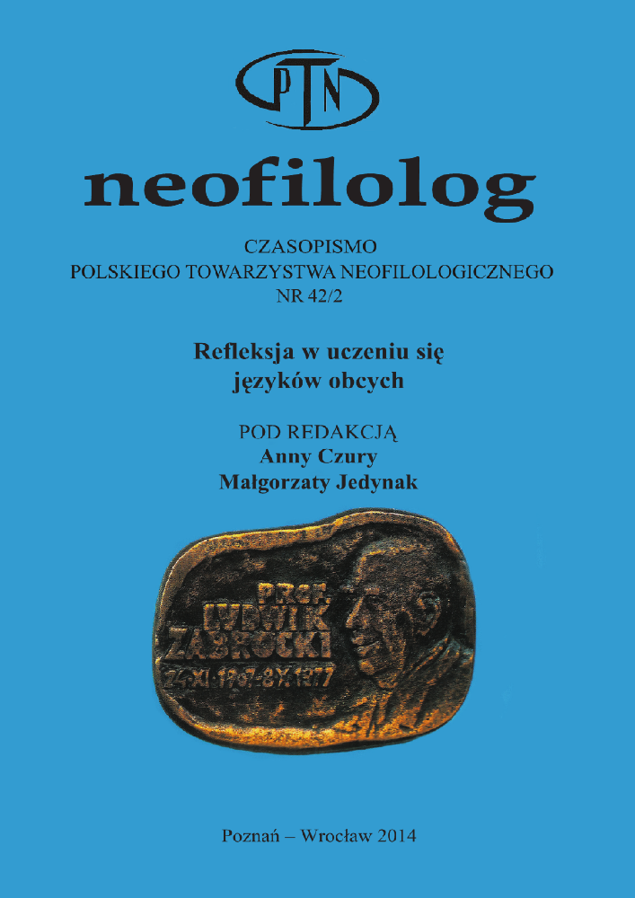 Okładka czasopisma Neofilolog, nr 42/2, rok 2014, tytuł Refleksja w uczeniu się języków obcych