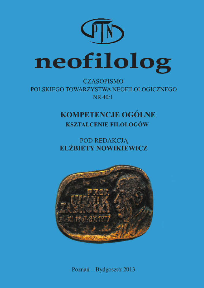 Okładka czasopisma Neofilolog, nr 40/1, rok 2013, tytuł Kompetencje ogólne. Kształcenie filologów