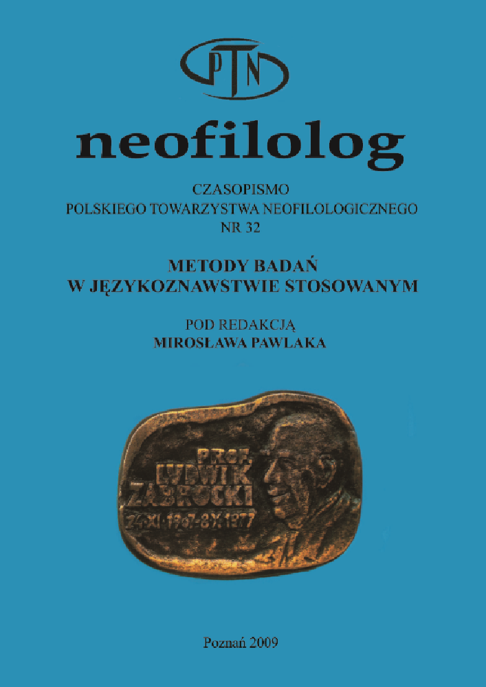 Okładka czasopisma Neofilolog, nr 32, rok 2009, tytuł Metody badań w językoznawstwie stosowanym