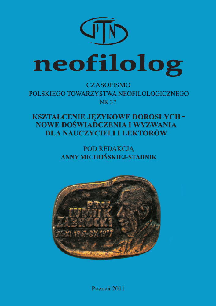 Okładka czasopisma Neofilolog, nr 37, rok 2011, tytuł Kształcenie językowe dorosłych – nowe doświadczenia i wyzwania dla nauczycieli i lektorów