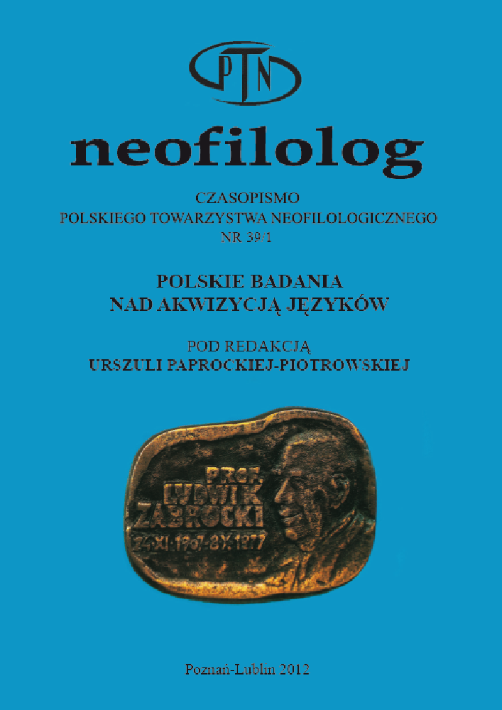 Okładka czasopisma Neofilolog, nr 39/1, rok 2012, tytuł Polskie badania nad akwizycją języków