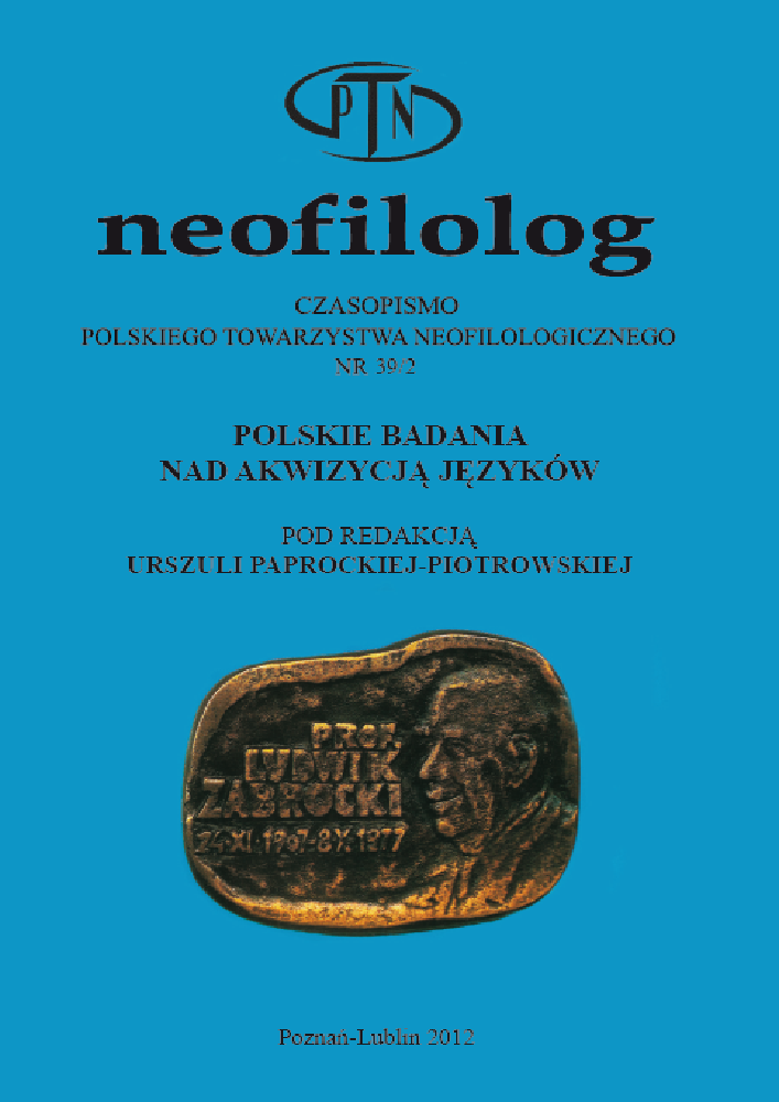 Okładka czasopisma Neofilolog, nr 39/2, rok 2012, tytuł Polskie badania nad akwizycją języków