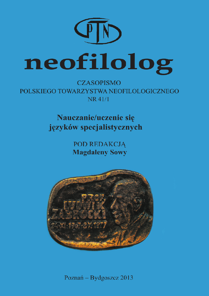 Okładka czasopisma Neofilolog, nr 41/1, rok 2013, tytuł Nauczanie/uczenie się języków specjalistycznych