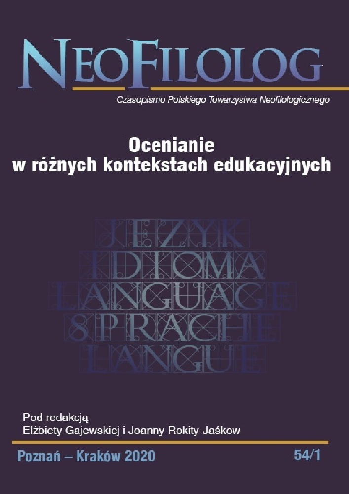 Okładka czasopisma Neofilolog, nr 54/1, rok 2020, tytuł Ocenianie  w różnych kontekstach edukacyjnych