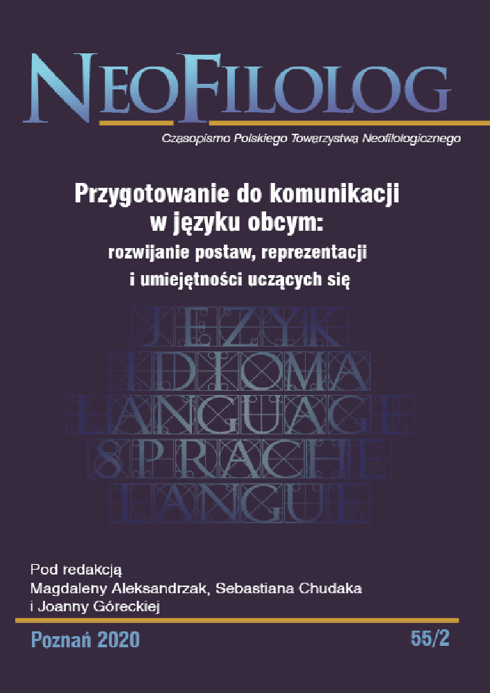 Okładka czasopisma Neofilolog, nr 55/2, rok 2020, tytuł Przygotowanie do komunikacji w języku obcym: rozwijanie postaw, reprezentacji i umiejętności uczących się