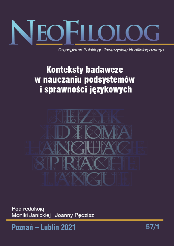 Okładka czasopisma Neofilolog, nr 57/1, rok 2021, tytuł Konteksty badawcze w nauczaniu podsystemów i sprawności językowych