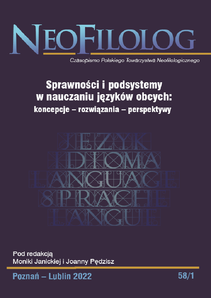Okładka czasopisma Neofilolog, nr 58/1, rok 2022, tytuł Sprawności i podsystemy w nauczaniu języków obcych: koncepcje – rozwiązania – perspektywy