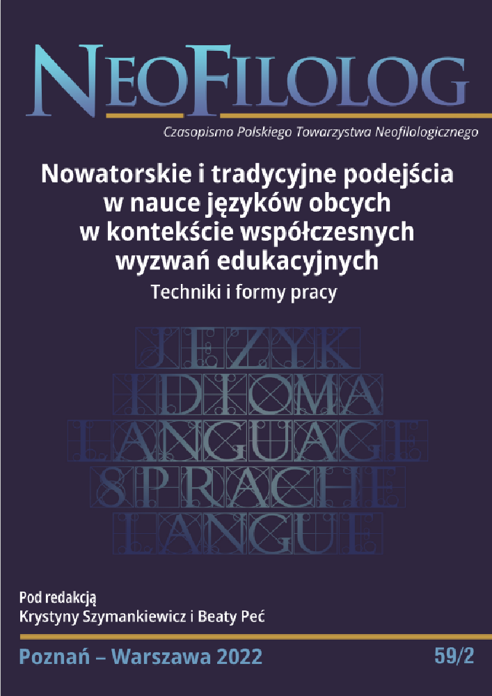 Okładka czasopisma Neofilolog, nr 59/2, rok 2022, tytuł Nowatorskie i tradycyjne podejścia w nauce języków obcych w kontekście współczesnych wyzwań edukacyjnych. Techniki i formy pracy