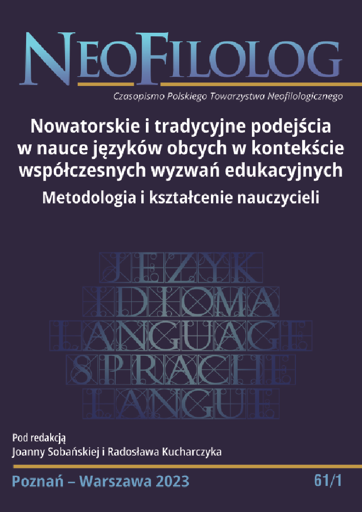 Okładka czasopisma Neofilolog, nr 61/1, rok 2023, tytuł Nowatorskie i tradycyjne podejścia w nauce języków obcych w kontekście współczesnych wyzwań edukacyjnych. Metodologia i kształcenie nauczycieli