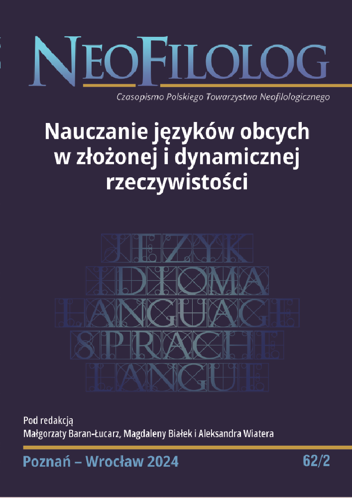 Okładka czasopisma Neofilolog, nr 62/2, rok 2024, tytuł Nauczanie języków obcych  w złożonej i dynamicznej  rzeczywistości