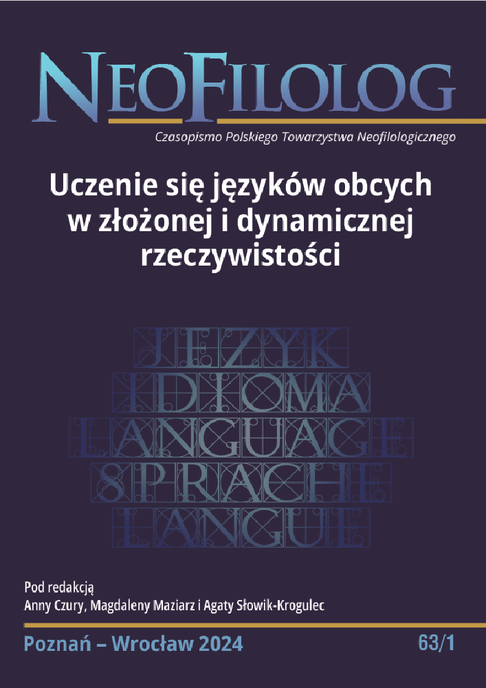 Okładka czasopisma Neofilolog, nr 63/1, rok 2024, tytuł Uczenie się języków obcych w złożonej i dynamicznej rzeczywistości