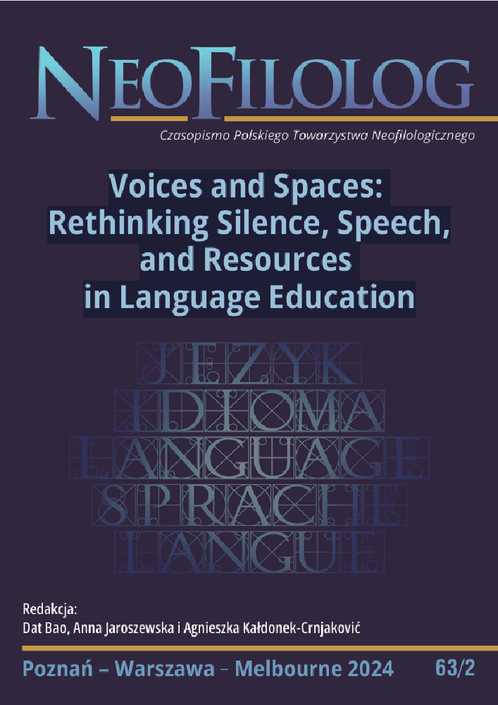 Okładka czasopisma Neofilolog, nr 63/2, rok 2024, tytuł Voices and Spaces:  Rethinking Silence, Speech,  and Resources  in Language Education