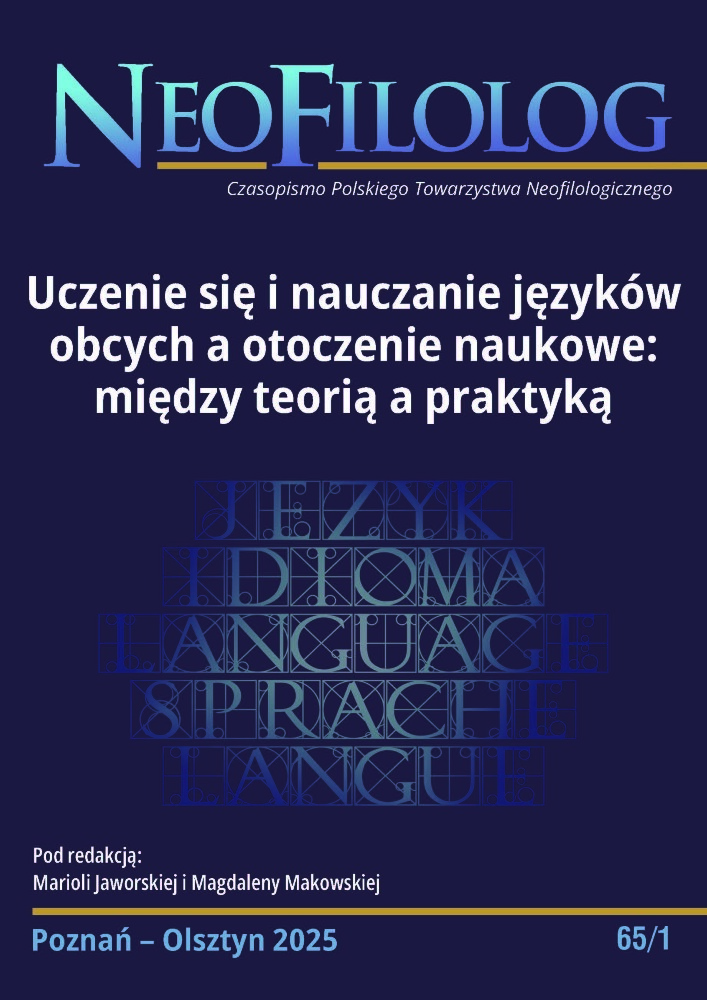 Okładka czasopisma Neofilolog, nr 65/1, rok 2025, tytuł Uczenie się i nauczanie języków obcych a otoczenie naukowe: między teorią a praktyką