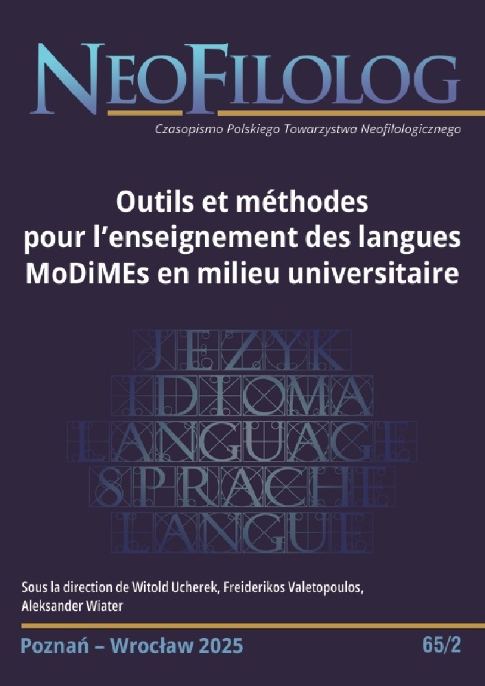 Okładka czasopisma Neofilolog, nr 65/2, rok 2025, tytuł Outils et méthodes pour l’enseignement des langues MoDiMEs en milieu universitaire
