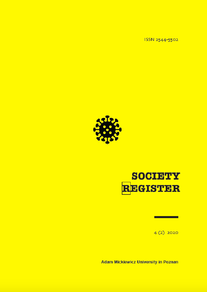 Journal cover Society Register, volume 4, no. 2, year 2020, title POSTMODERN SOCIETY AND COVID-19 PANDEMIC: OLD, NEW AND SCARY