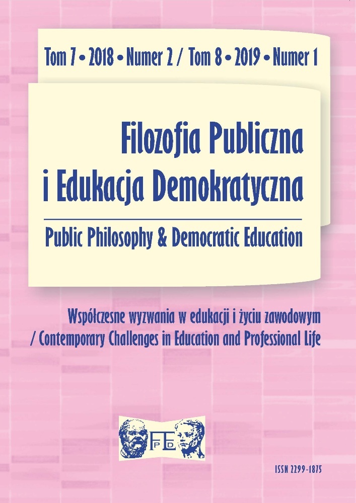 Okładka czasopisma Filozofia Publiczna i Edukacja Demokratyczna, tom 8, nr 1, rok 2019, tytuł Współczesne wyzwania w edukacji i życiu zawodowym